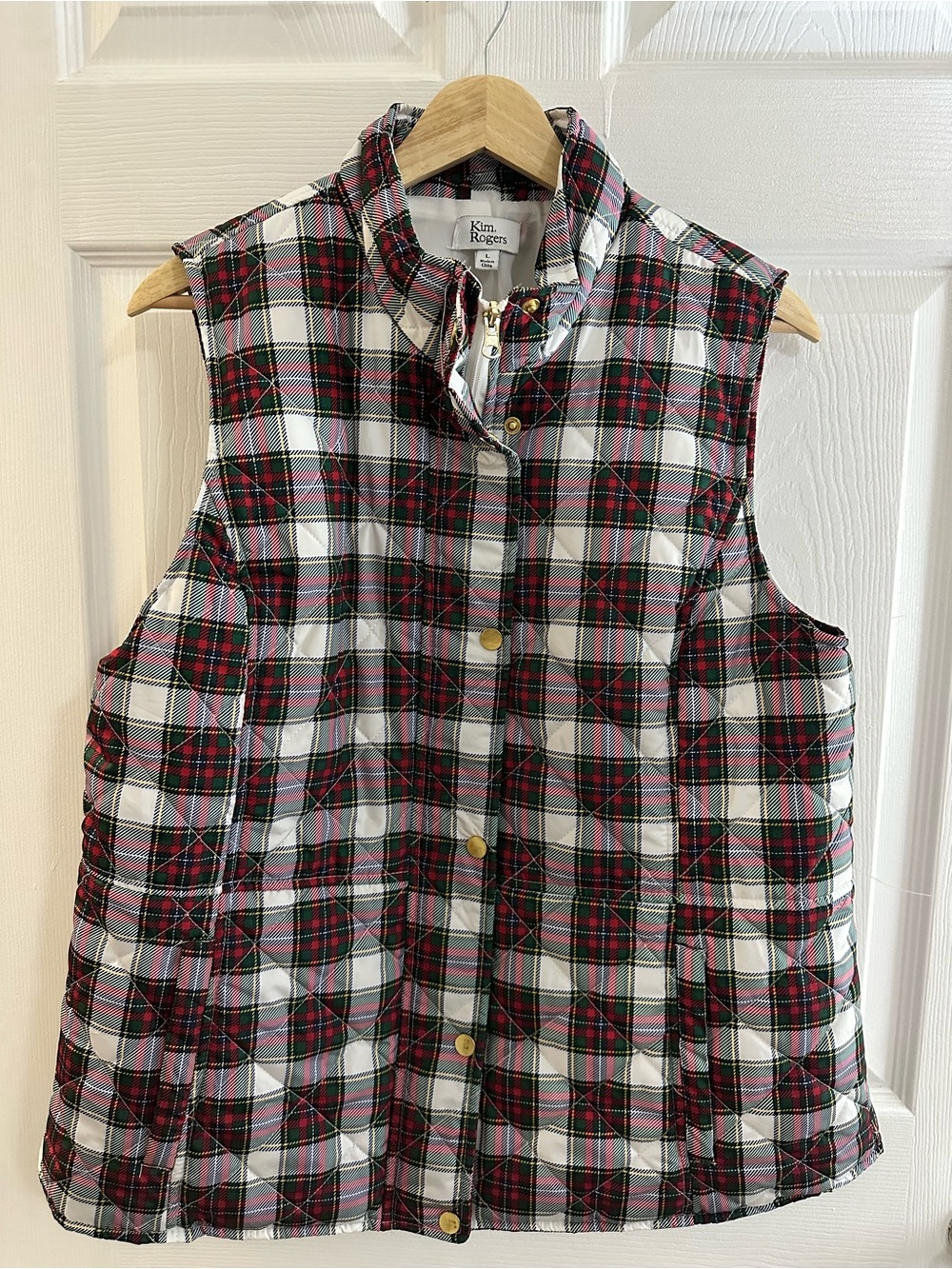 Women’s Kim Rogers Red White and Green Plaid Quilted Puffer Vest Large